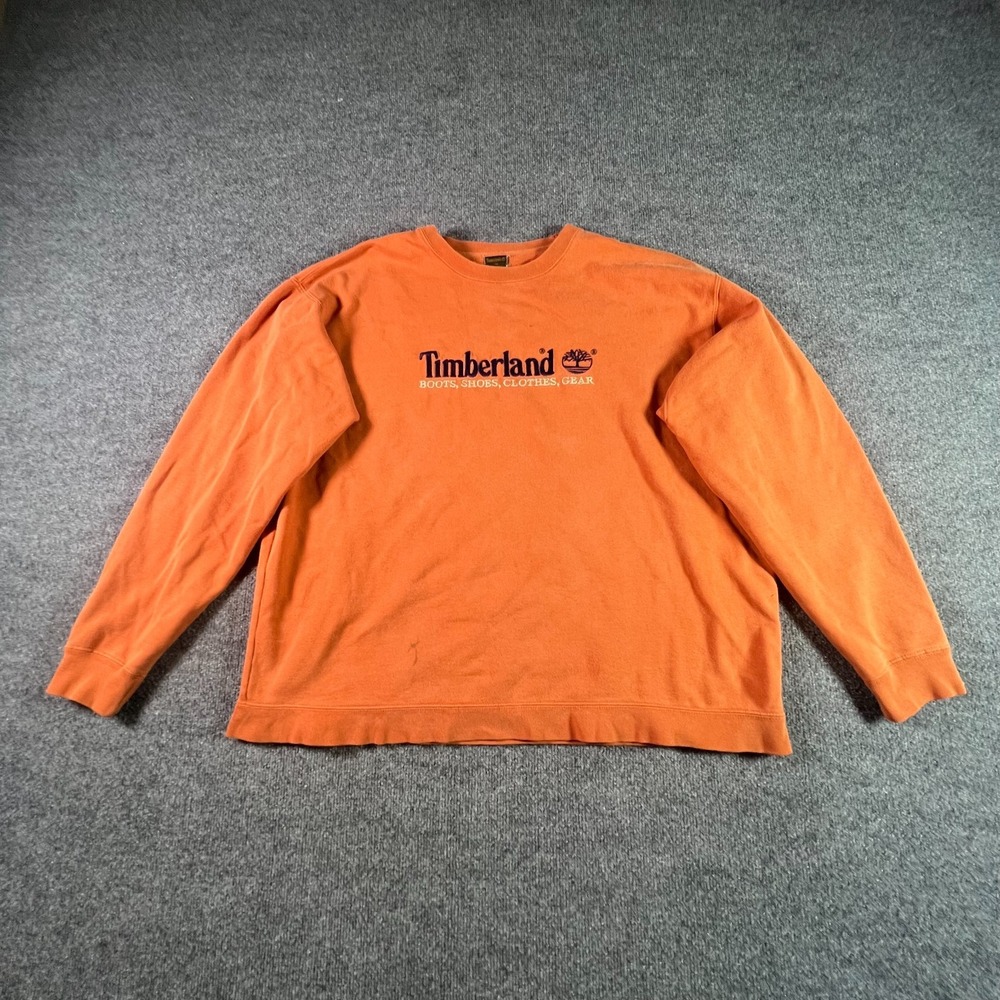 Vintage 2001 Timberland Crewneck Sweatshirt Mens XL Orange Graphic Underarm Vent